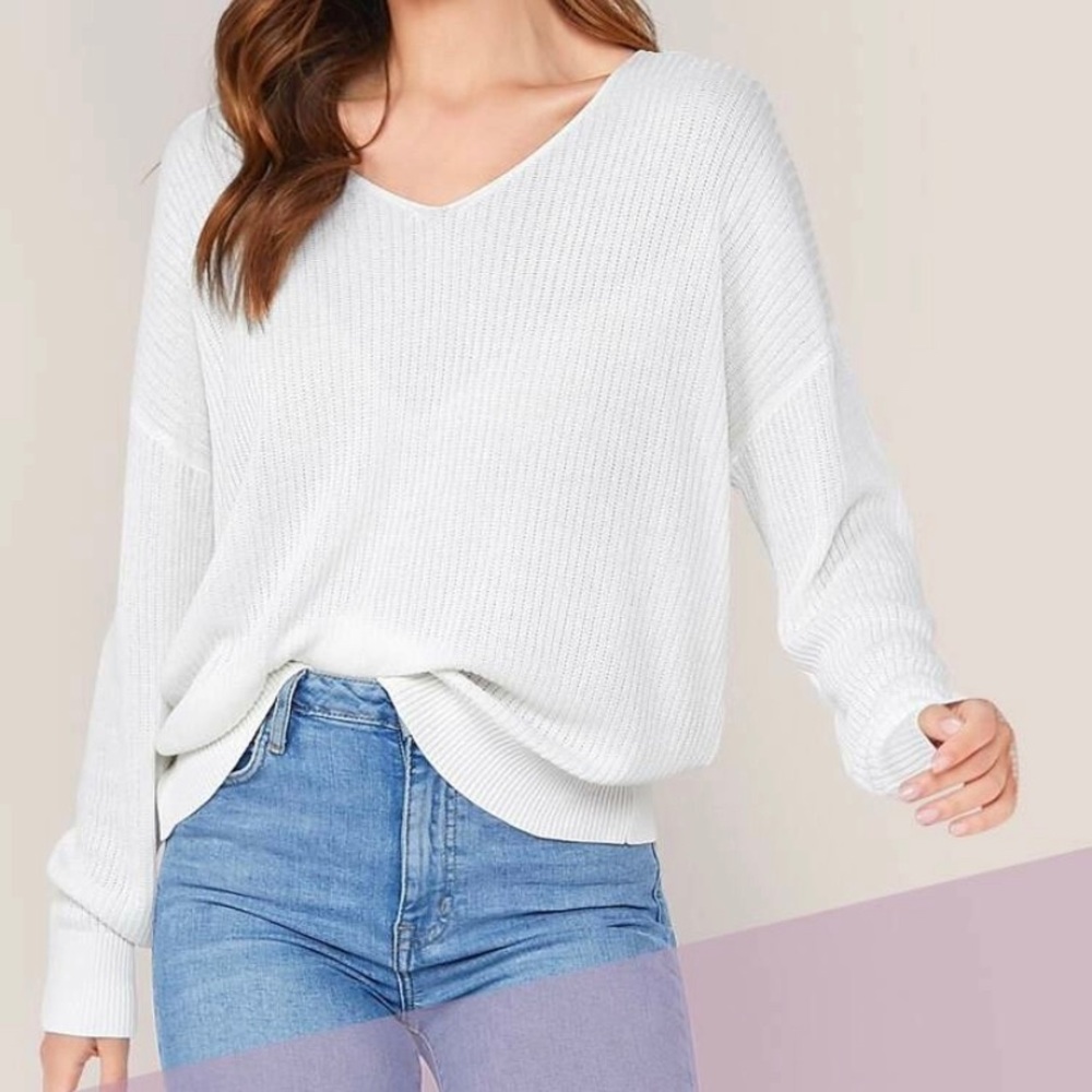 Cream loose knit v neck sweater